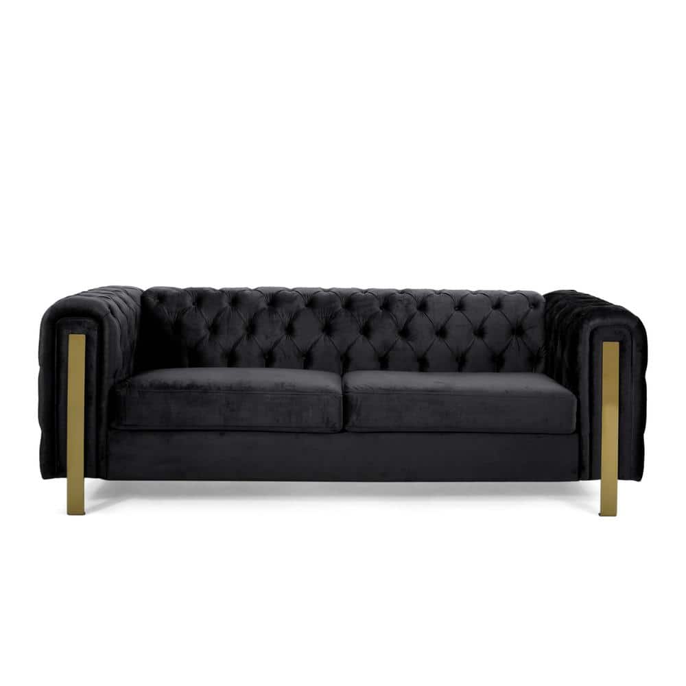 Elegant Modern Glam Black Velvet Tufted 3-Seater Sofa with Gold Accents