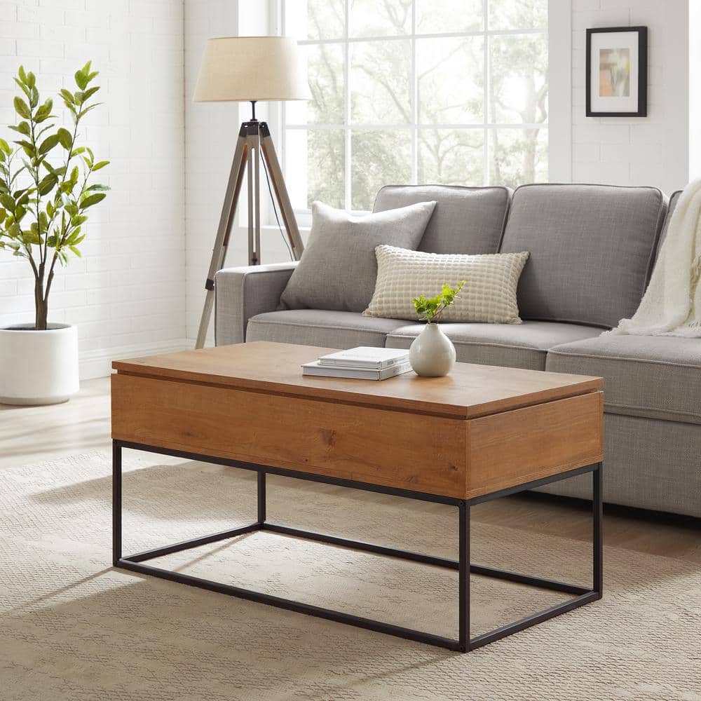 English Oak Lift-Top Coffee Table with Marble and Storage