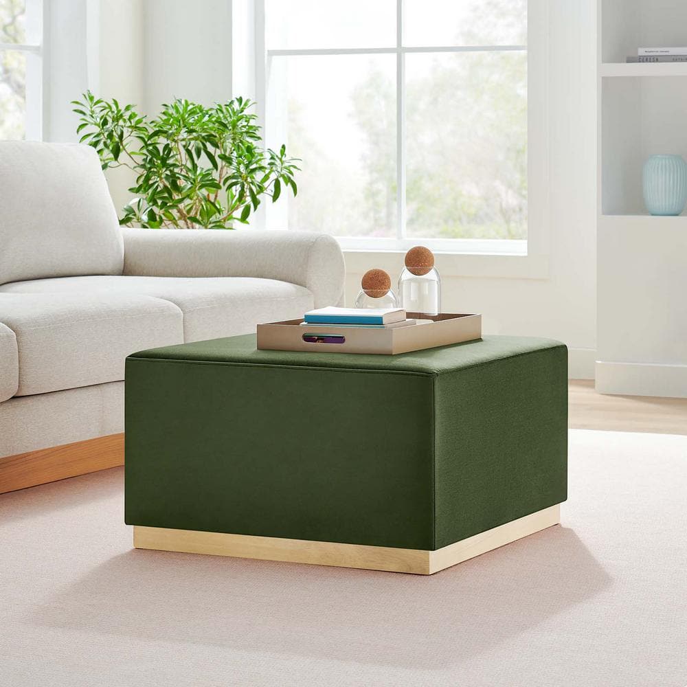 Tilden Moss Green Velvet Square Ottoman with Rubberwood Base