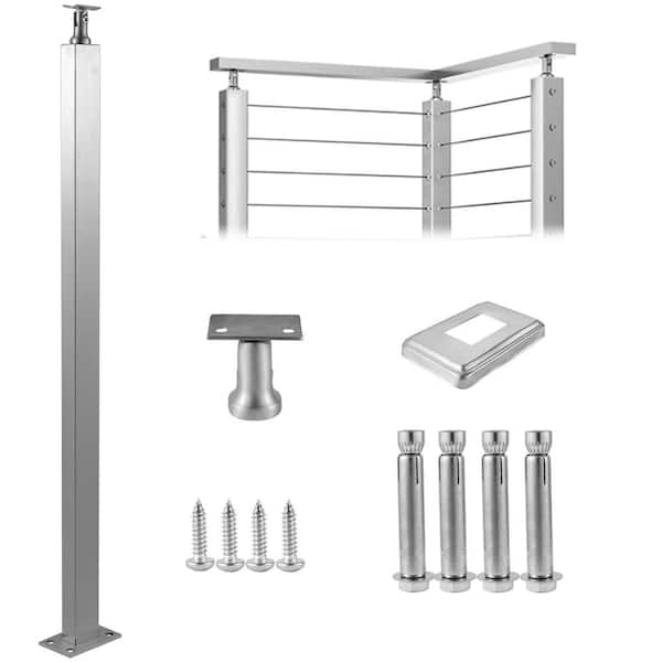 VEVOR Handrail Stainless Steel 42 in. x 0.98 in. x 1.97 in. Cable Railing Post without Hole Indoor Rail with Mounting Bracket