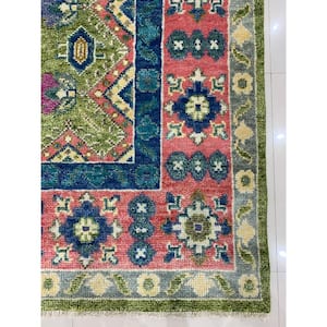 P.Green / LT.Fushia 9 ft. x 12 ft. Hand Knotted Wool Traditional Kazak Area Rug