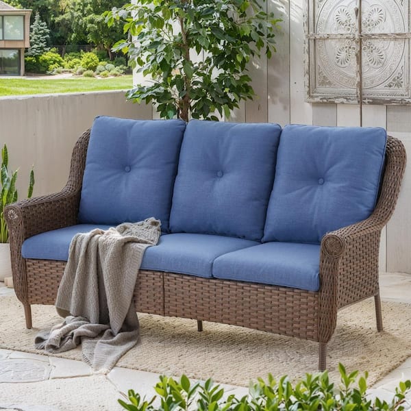ChrysArm 3-Seat Brown Wicker Outdoor Patio Couch with Blue Cushions and Chrysanthemum Armrest