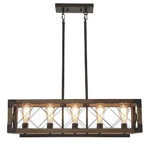 5-Light Black Industrial Linear Island Hanging Chandelier Wood Pendant for Kitchen Islands and Dining