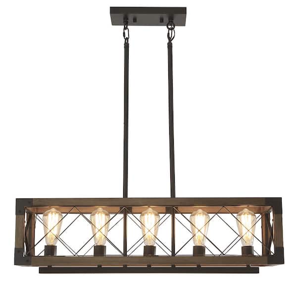 HUOKU 5-Light Black Industrial Linear Island Hanging Chandelier Wood Pendant for Kitchen Islands and Dining