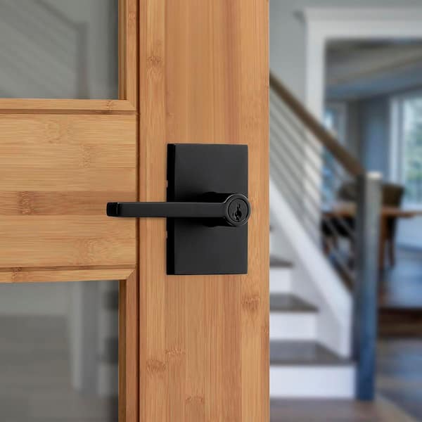 Halifax Rectangle Rose Matte Black Keyed Entry Door Handle Featuring SmartKey Technology with Microban