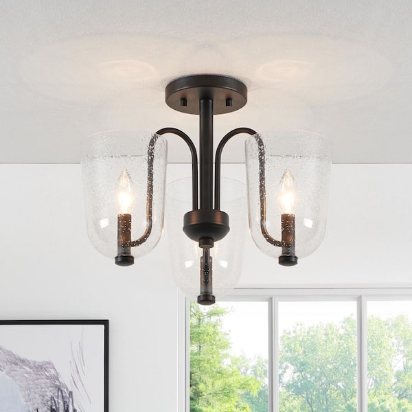 17.25 in. 3-Light Painted Black Semi Flush Mount with Clear Seedy Glass Shade and No Bulbs Included