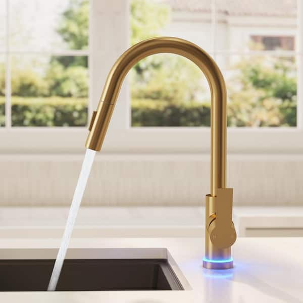 Single-Handle Pull Down Kitchen Faucet with FastMount and LED Temperature Indicator in Brushed Gold