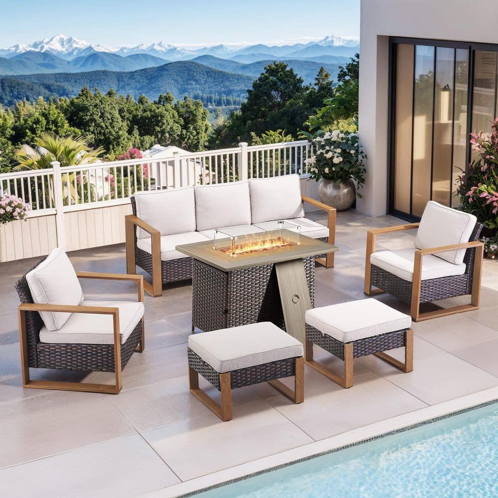 Funky 4-Piece Brown Wicker Patio Fire Pit Conversation Sofa Couch Seating Set with Beige Cushions and Ottomans price history on PriceWatchPro