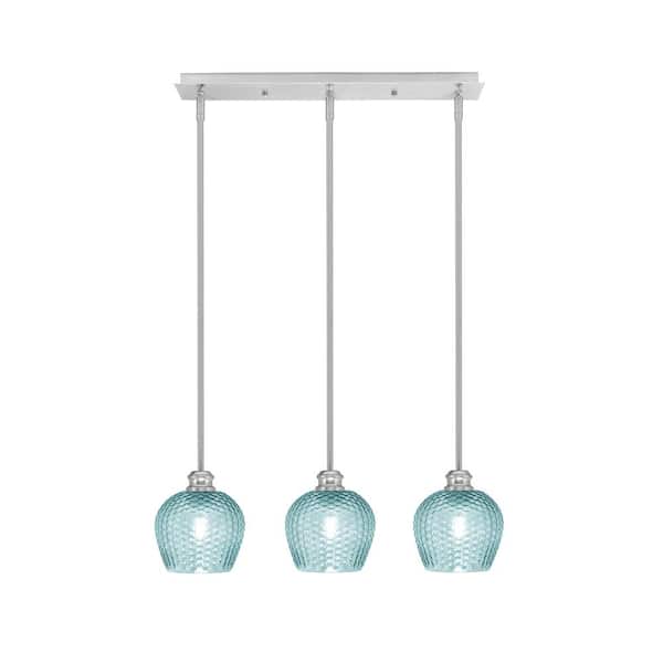 Unbranded Albany 60-Watt 3-Light Brushed Nickel Linear Pendant Light with Turquoise Textured Glass Shades and No Bulbs Included