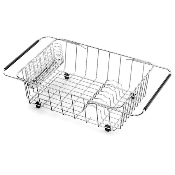 15.28in Adjustable Expandable Dish Drying Rack Stainless Steel Organizer with Utensil Holder for Sink Silver