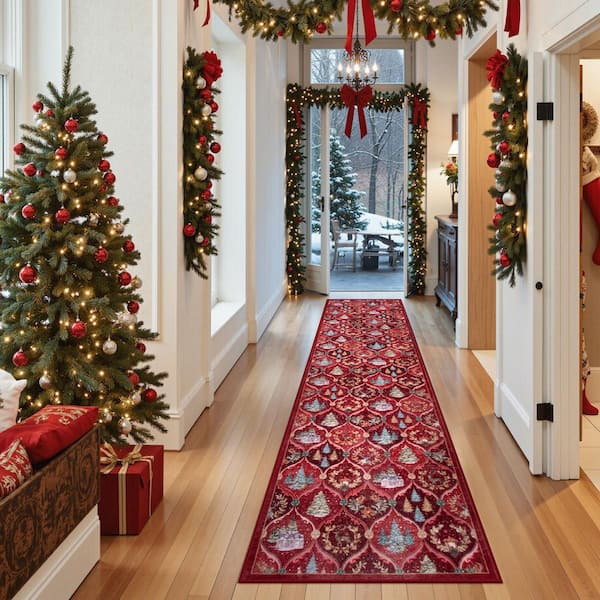 Christmas World 2 ft. x 8 ft. Red Christmas Village Pattern Washable Runner Rug