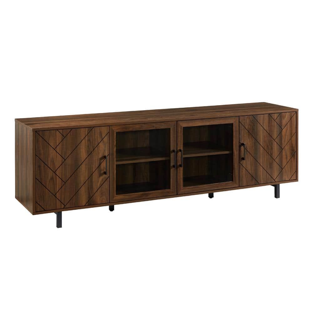 Dark Walnut Herringbone 70" TV Stand with Glass Doors