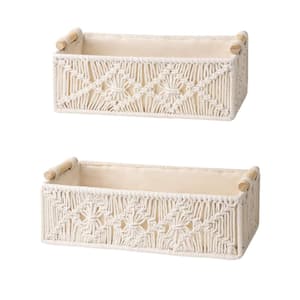 Storage Baskets Boho Decor Box Handmade Woven Decorative Countertop Toilet Tank Shelf Cabinet Organizer Set of 2, Ivory