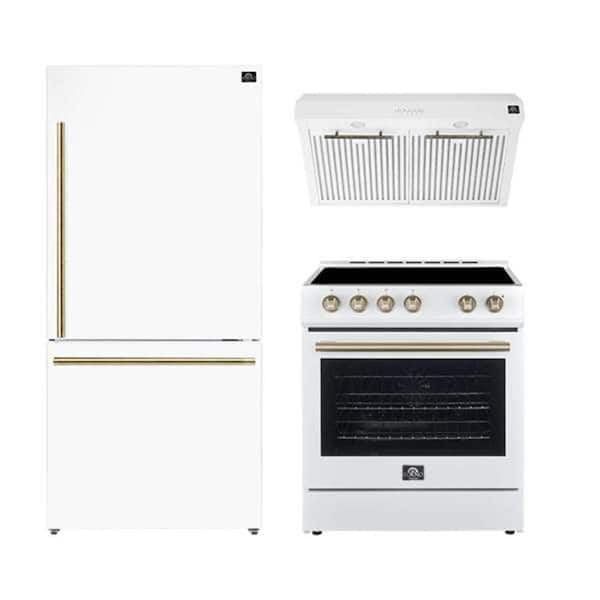 Forno 3-Piece KitchenBundle LeonardoEspresso 30 in. WhiteRange, 30 in. White RangeHood 31 in. WhiteBottom Freezer Refrigerator