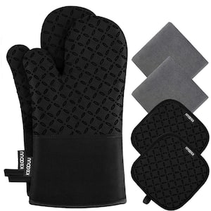 6Pcs Oven Mitts and Pot Holders with High Heat Resistant 500° and Non-Slip Silicon Surface for Cooking in Black