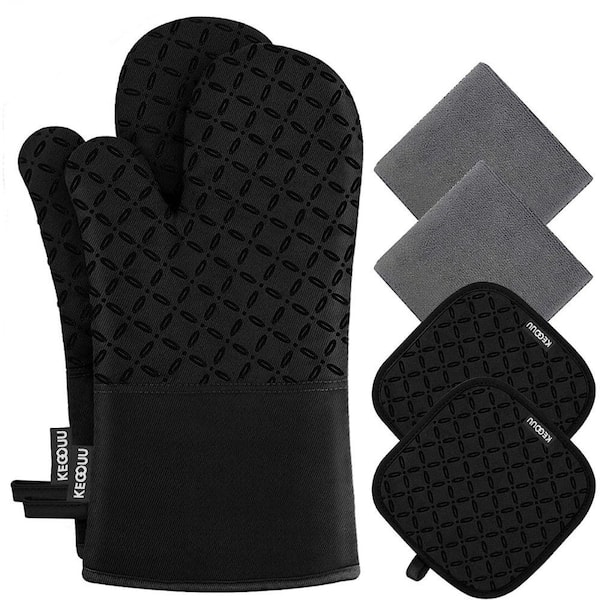 Afoxsos 6Pcs Oven Mitts and Pot Holders with High Heat Resistant 500° and Non-Slip Silicon Surface for Cooking in Black