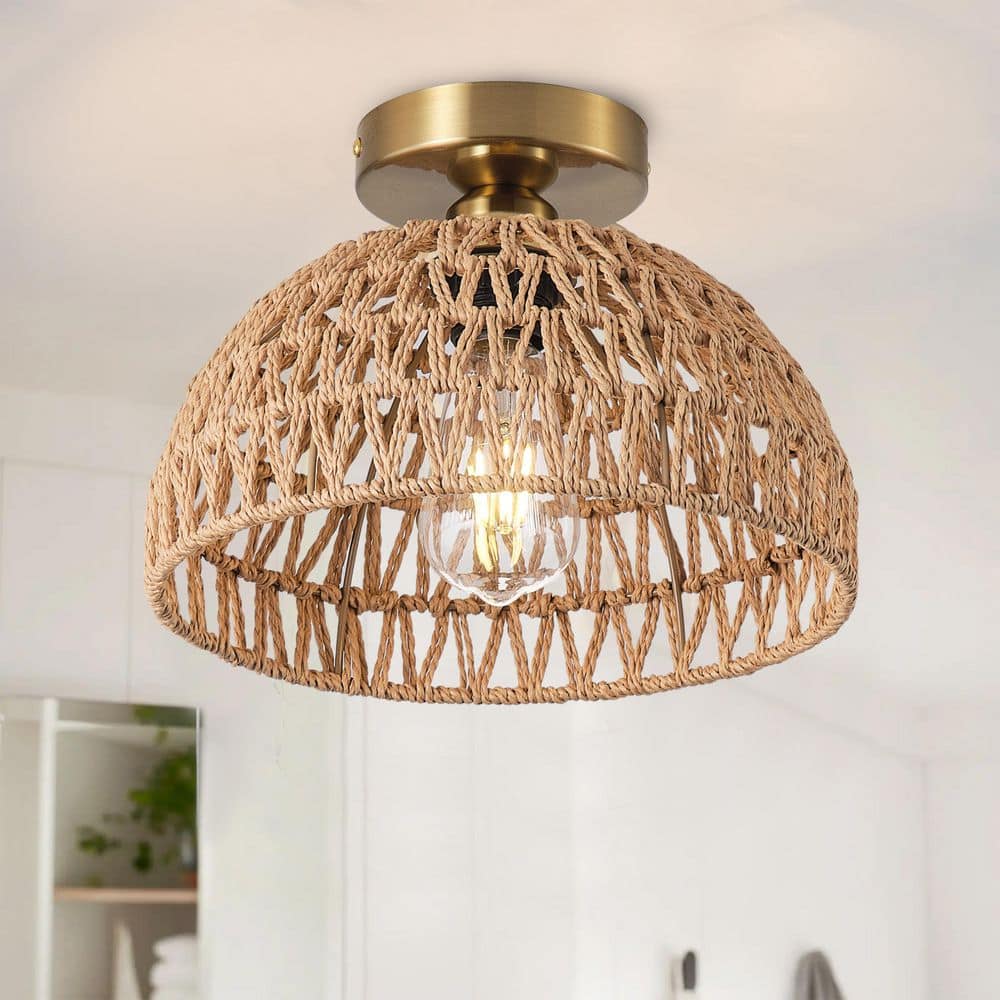 11.02 in. 1-Light Handmade Woven Boho Semi-Flush Mount Rustic Rattan Ceiling Light price history on PriceWatchPro
