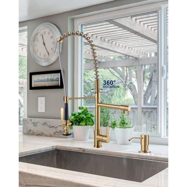 Commercial High-Arc Single Handle Pull Down Sprayer Kitchen Faucet with Soap Dispenser in Gold