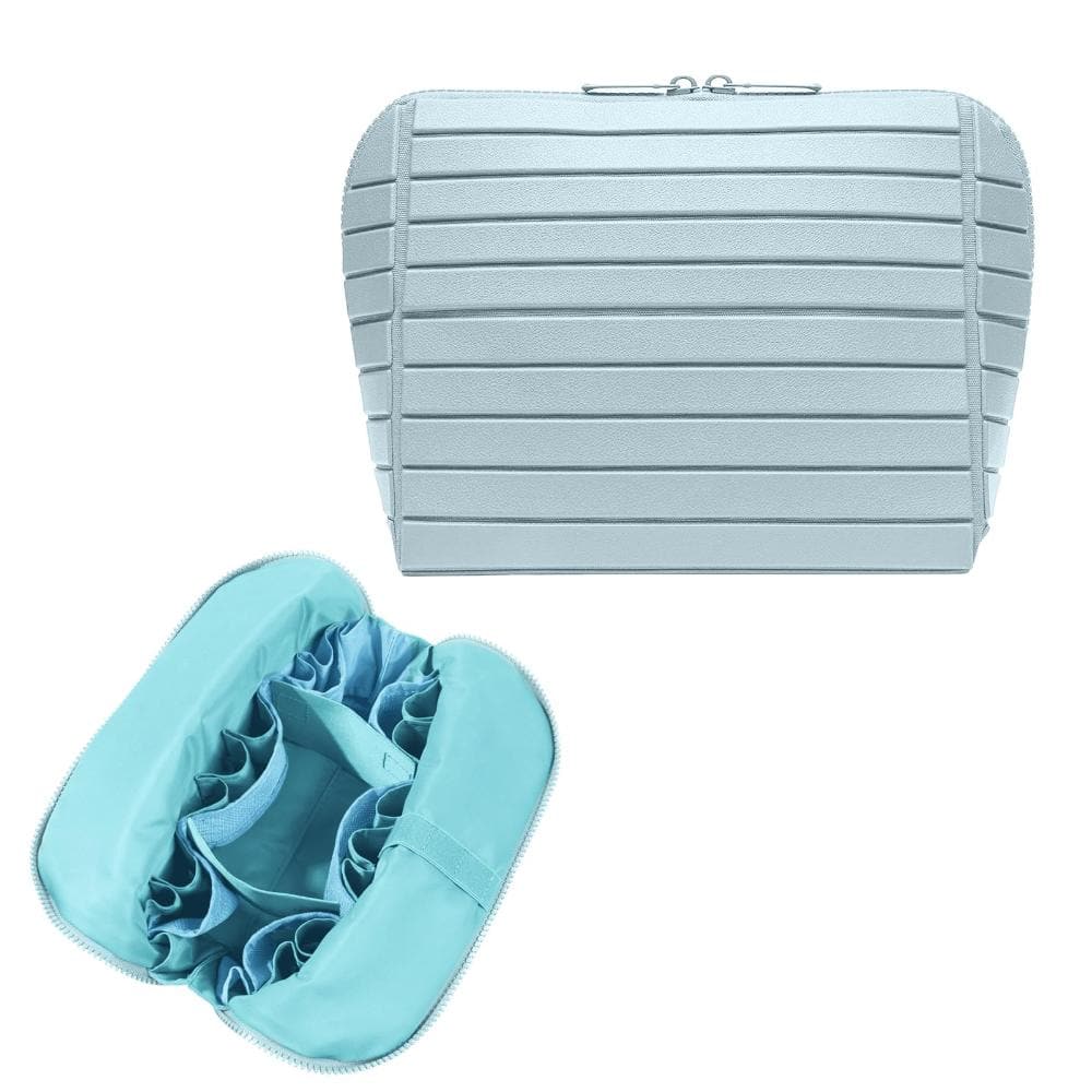 Light Blue Travel Makeup Organizer Bag with Fold-Down Design, Adjustable Dividers, 27 Pockets and 3 Brush Holders