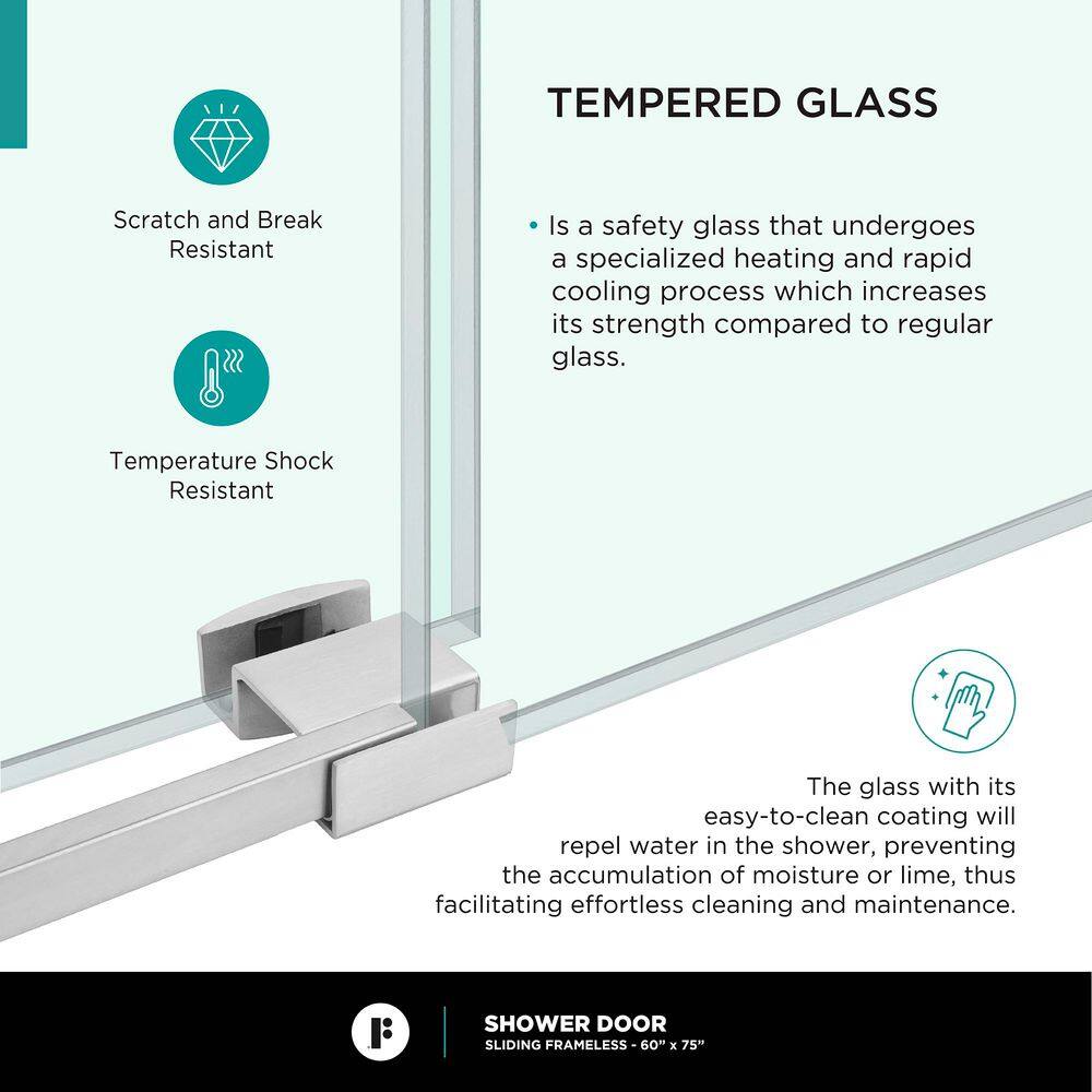 60'' Polished Chrome Frameless Sliding Shower Door with Clear Tempered Glass