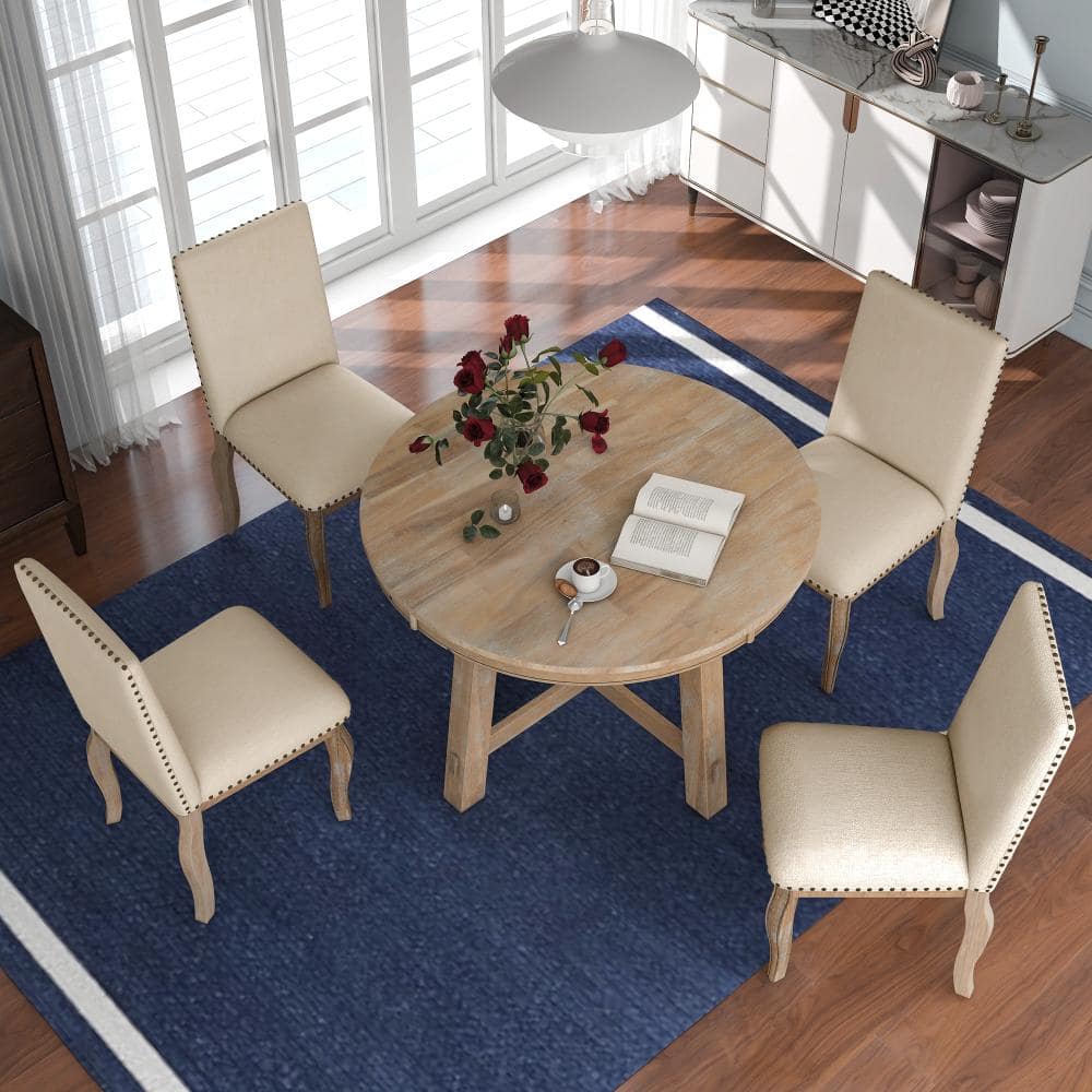 5 Pieces Natural Wood Wash Wood Top Extendable Dining Set with Cusion Seating 4 price history on PriceWatchPro