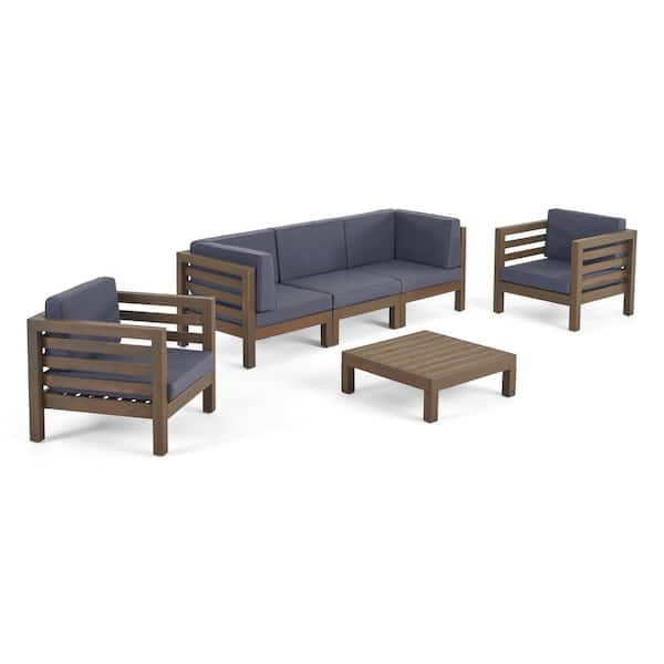 Noble House Oana Grey 6-Piece Wood Outdoor Patio Conversation Seating Set with Dark Grey Cushions