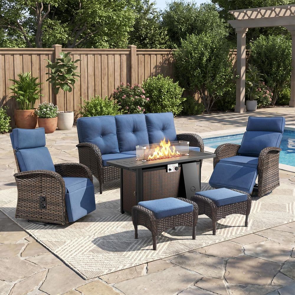 Carlos Brown 6-Piece Wicker Patio Fire Pit Conversation Sofa Set Outdoor 360° Swivel Recliner Chair with Blue Cushions price history on PriceWatchPro