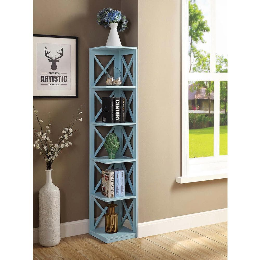 Sea Foam Blue 5-Tier Corner Bookcase with Crossed Design
