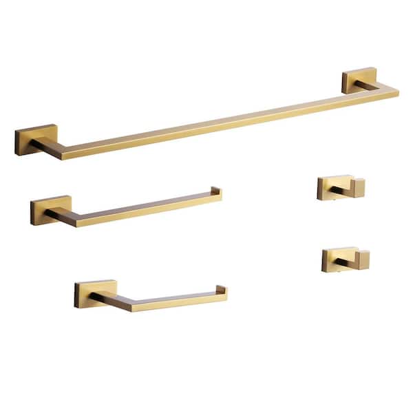 5- Piece Bath Hardware Set with Towel Bar Toilet Paper Holder Towel Hook in Gold