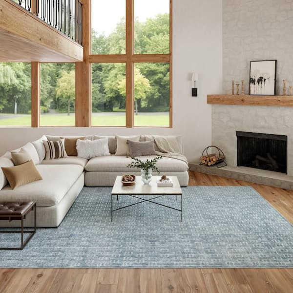 Washable Charm Blue Ivory 8 ft. x 10 ft. Geometric Contemporary Area Rug
