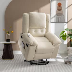 Beige Linen Power Lift Massage Recliner Chair with Heating Function, Vibration Function and Side Pockets