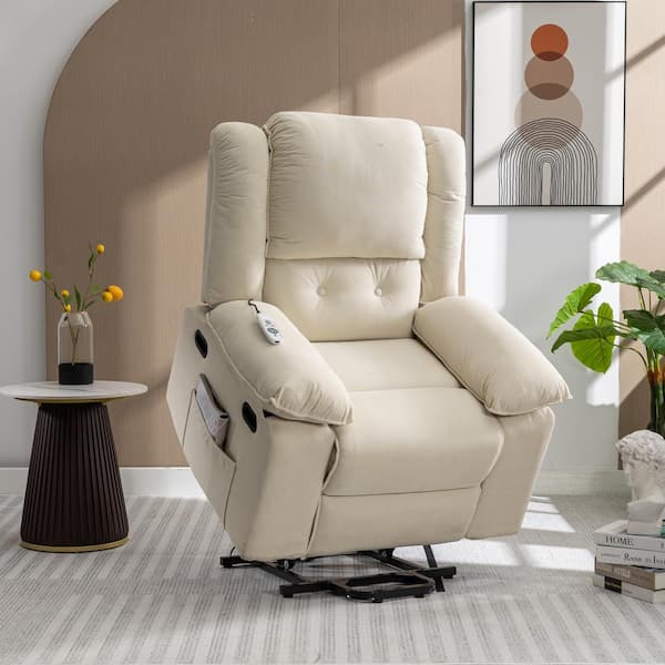 Merax Beige Linen Power Lift Massage Recliner Chair with Heating Function, Vibration Function and Side Pockets