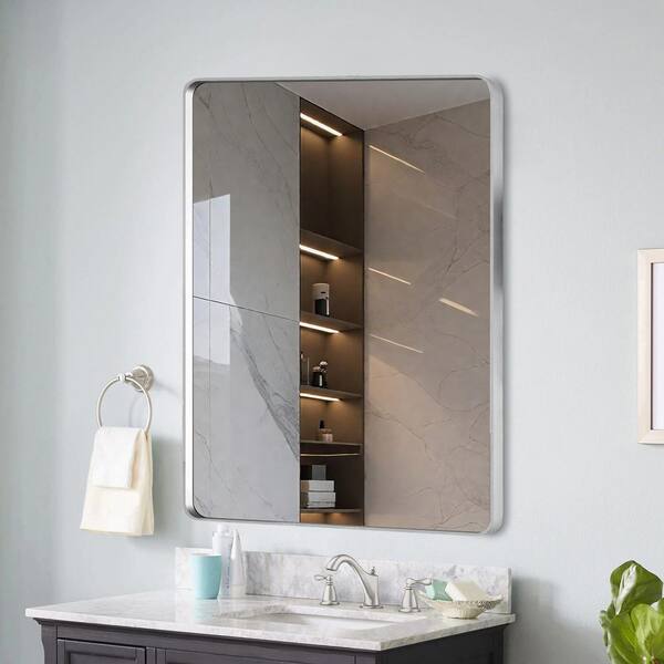 22 in. W x 30 in. H Rectangular Framed Wall Bathroom Vanity Mirror in Brushed Nickel