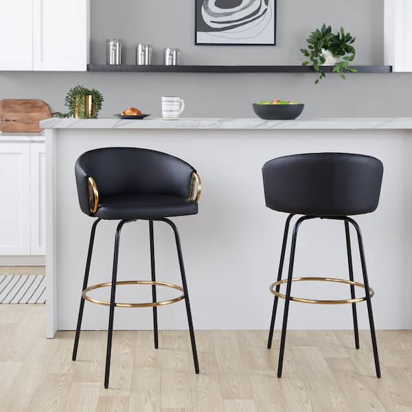 Claire 29.5 in. Black Faux Leather and Black and Gold Metal Fixed-Height Bar Stool with Gold Footrest (Set of 2)