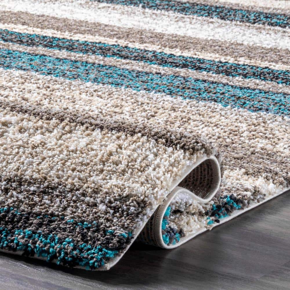 Blue Multi Striped Hand-Tufted Shag Area Rug 5' x 8'