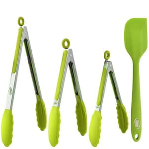 Non-Stick Silicone Tip Green Stainless-Steel Tongs and Spatula (Set of 4)