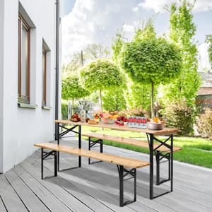 3-Piece Metal Rectangular Outdoor Dining Set Folding with Wooden Top and Steel Frame