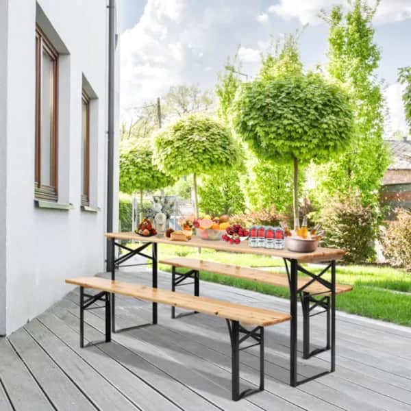 ITOPFOX 3-Piece Metal Rectangular Outdoor Dining Set Folding with Wooden Top and Steel Frame