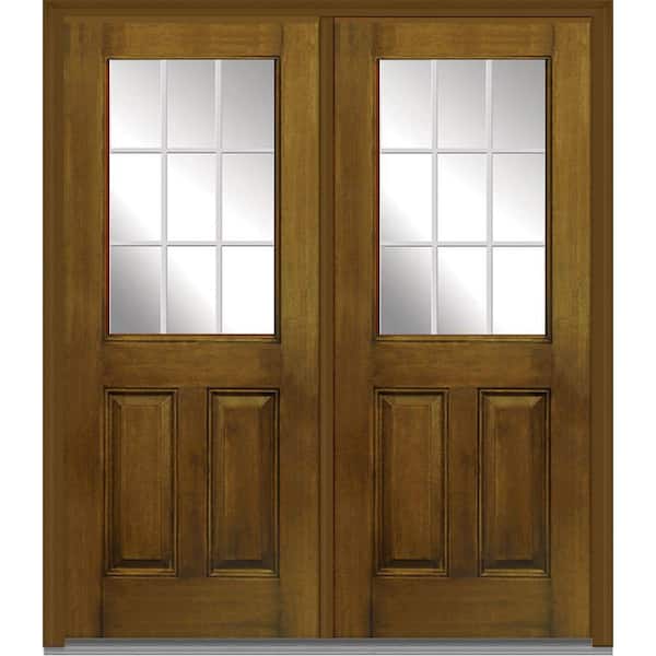 MMI Door 64 in. x 80 in. White Internal Grilles Right-Hand Inswing 1/2-Lite Clear Stained Fiberglass Mahogany Prehung Front Door