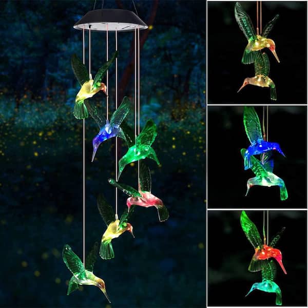 Led Colorful Solar Power Wind Chime Crystal Hummingbird Butterfly  Waterproof Outdoor Windchime Solar Light For Garden Patio
