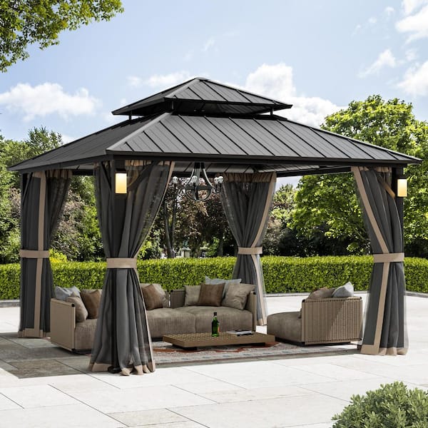 Ultra Series 12 ft. x 12 ft. Permanent Hardtop Gazebo With Solar LED Lights, Mosquito Nettings, Black