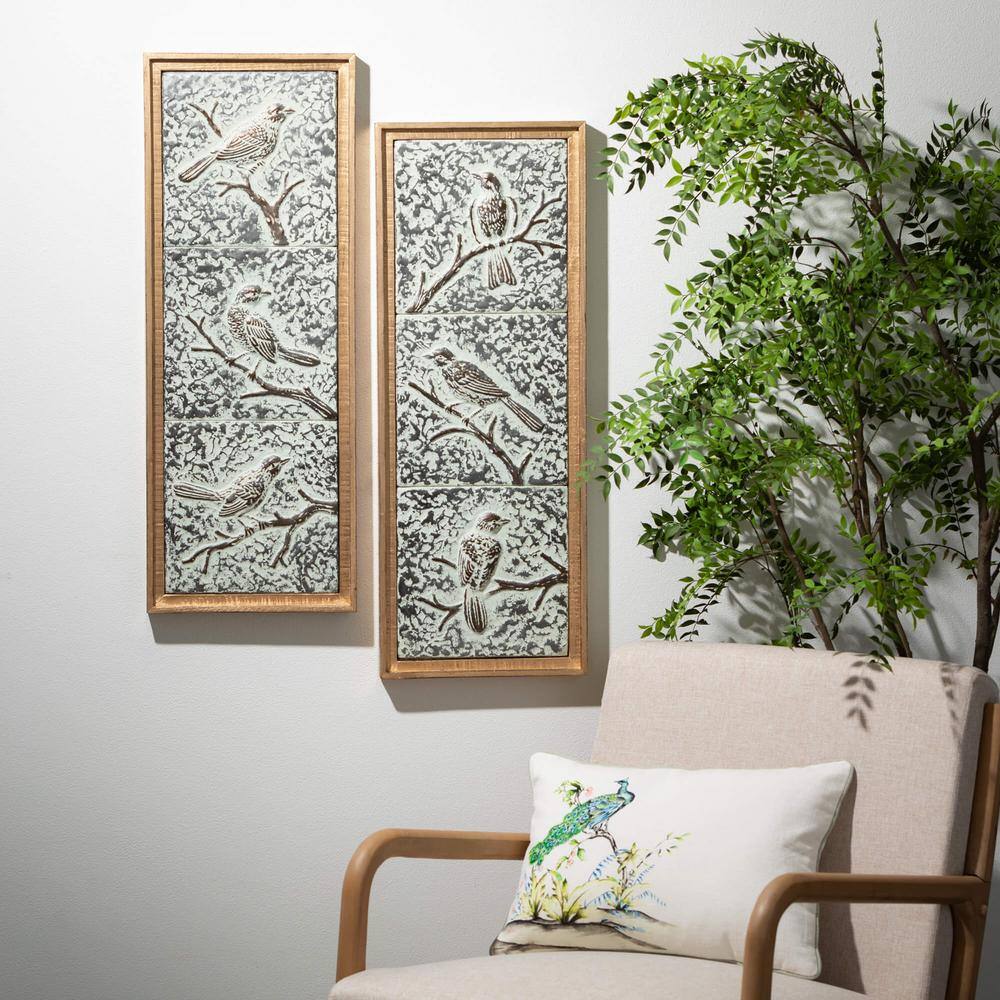 31.5" Soft Green and Blue Bird Metal Wall Decor Set