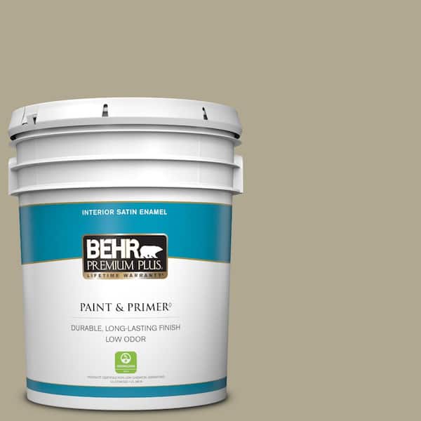 BEHR PREMIUM PLUS 5 gal. #BXC-22 Field Khaki Satin Enamel Low Odor Interior Paint & Primer