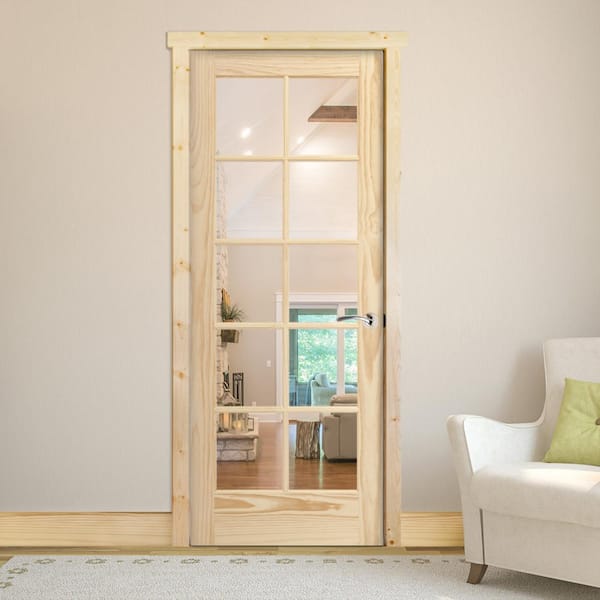 30 in. x 80 in. 10-Lite French Unfinished Pine Left Hand Solid Core Wood Single Prehung Interior Door with Bronze Hinge