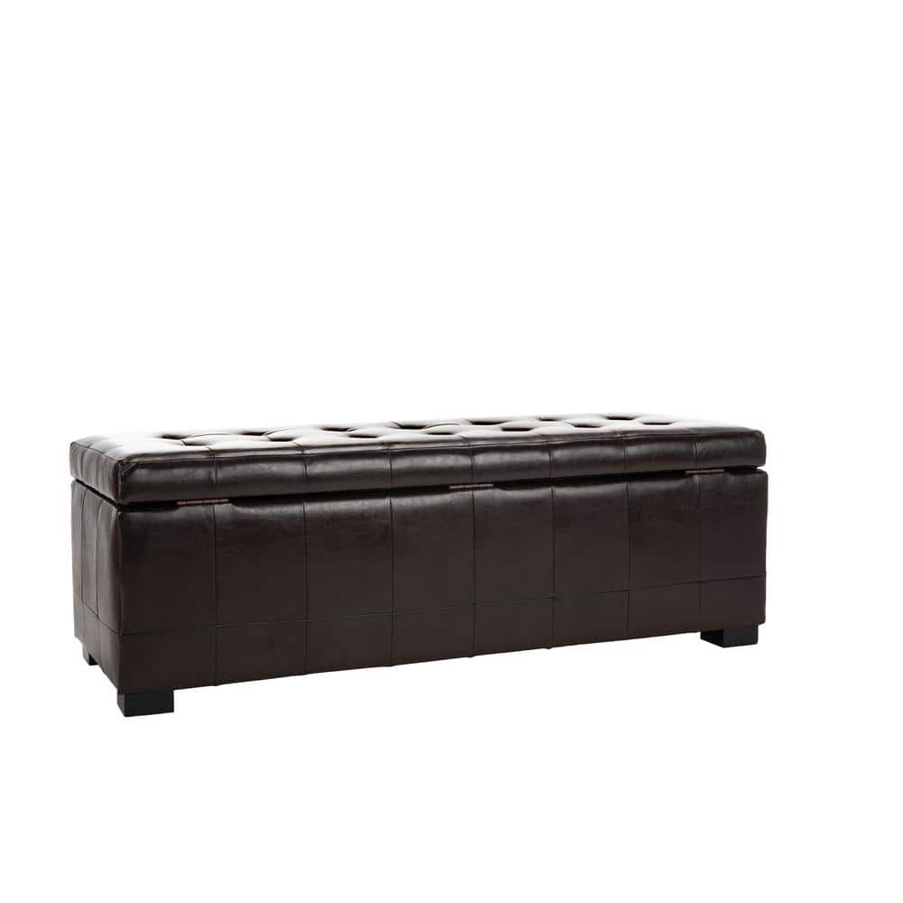 Large Brown Leather Storage Bench with Button Tufts