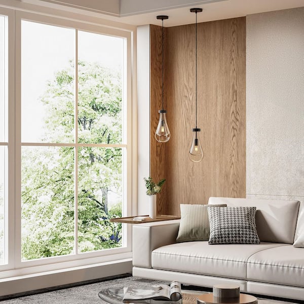 60-Watt 1-Light Black Shaded Luxury Raindrop Pendant with Teardrop Clear Glass Shade, No Bulbs Included