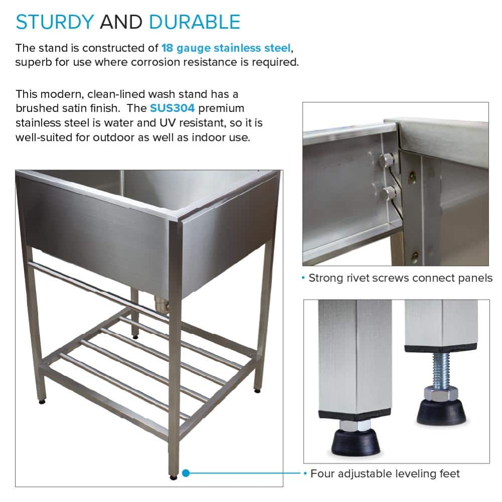 Brushed Satin Stainless Steel Farmhouse Laundry Sink with Wash Stand