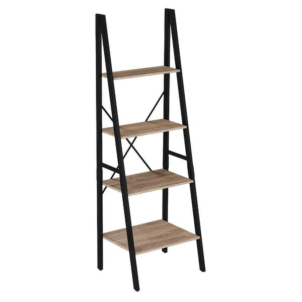 Lavish Home 72 in. Gray and Black Wooden 4-Shelf Leaning Ladder Bookcase