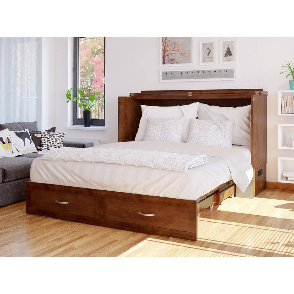 Hamilton Queen Walnut Wood Murphy Bed Chest with Drawer
