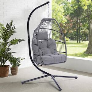 Freesi Outdoor Wicker Folding Hanging Chair Swing Hammock Egg Chair with C Type Bracket with Cushion and Pillow in Gray